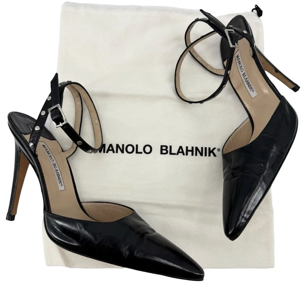 Manolo Blahnik Black Studded Slingback Heels 105mm Vintage Collectors Size 9.5